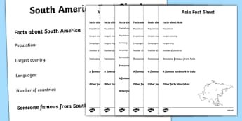 Continents Factsheet Writing Templates - continents, continents factsheets, continents worksheets, facts about continents, ks2 geography, places, continent