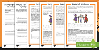 Staying Safe at Halloween Differentiated Reading Comprehension Activity English/Afrikaans - October, celebrate, pumpkin, witch, ghost, reading, Oktober, EAL