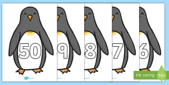 0-50 Penguins - 0-50, 50, numbers, display, penguins, number display, counting, maths, numeracy, mathematics