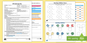 EYFS Beanbag Addition Races to 20 Adult Input Plan and Resource Pack - Using quantities and objects, add and subtract two single-digit numbers, count on or back to find th
