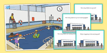 Swimming Pool Scene and Question Cards - question, cards, scene