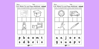 CVC Words Cut and Paste Activity Sheets Mixed - CVC word, cut, paste, literacy, phonics, fine motor, cvc, cutting
