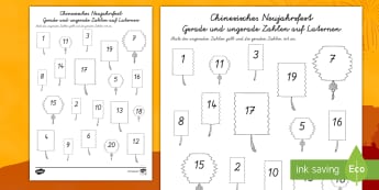 Chinesisches Neujahrsfest gerade und ungerade Zahlen ausmalen Arbeitsblatt-German - rechnen, gerade Zahlen, ungerade zahlen, parität, mathematik, mathe,German