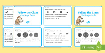 Year 1 and Year 2 Follow The Clues Challenge Cards - year 1, year 2, addition, subtraction, problem solving, working mathematically, money, shape, measur