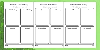 Foclóir Lá Fhéile Pádraig Read and Draw Activity Sheet Gaeilge - Saint Patrick, Irish, vocabulary, Gaeilge, read, draw, worksheet