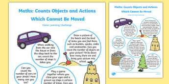 EYFS Maths: Counts Objects or Actions Which Cannot be Moved Home Learning Challenge Sheet
