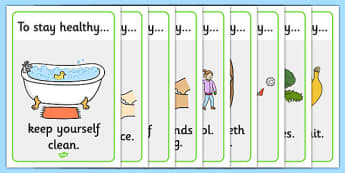 Health and Hygiene Display Posters - Good health, hygiene, behaviour management, eat fruit, walk to school, vegetables, exercise, brush teeth, wash hands, drink water