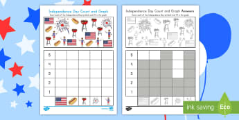 Independence Day Count and Graph Activity Sheet - worksheet, 4th July, maths, counting, numbers, block, bar, data