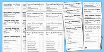 Features of Writing Genres Checklist Pack - features, writing, genres