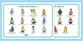 People Who Help Us Word Mat - People who help us, Display, Word mat, Key words, Role Play, Doctor, Nurse, Teacher, Police, Fire fighter, Paramedic, Builder, Caretaker, Lollipop, Traffic Warden, Lunchtime supervisor, lunch time assistant, midday assis