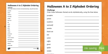 Halloween Alphabetical Order Activity Sheet - Key Stage One, Spooky, Alphabet, Writing, Literacy, Words, Keywords, Alphabetized. worksheet
