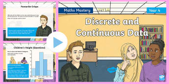 Year 4 Discrete and Continuous Data Maths Mastery PowerPoint - Reasoning, Greater Depth, Abstract, Problem Solving, Explanation, Bar chart, Histogram