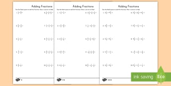 Adding Fractions with Like Denominators Differentiated Activity Sheets - composing fractions, decomposing fractions, adding fractions, like denominators, mixed numbers