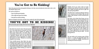 You've Got to Be Kidding Me! Newspaper Article Activity Sheet - goat, dam, walk, newspaper, worksheet