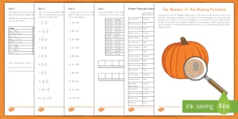 The Mystery of the Missing Pumpkins Math Activity - Halloween, Addition, Subtraction, Fractions, Adding Fractions, Subtracting Fractions, Mixed Numbers,
