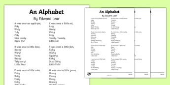 An Alphabet by Edward Lear Poem Print Out
