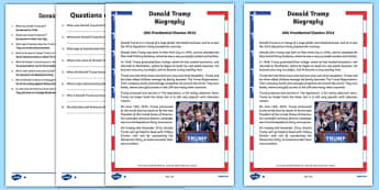 Donald Trump Biography Differentiated Reading Comprehension Activity