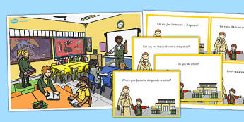School Scene and Question Cards - school scene, question, cards