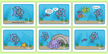 Story Sequencing to Support Teaching on The Rainbow Fish - The Rainbow Fish, Marcus Pfister, resources, Rainbow Fish, PSHE, PSE, octopus, shimmering scales, starfish, friendship, under the sea, sea, story, story book, story book resources, story sequ
