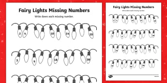 Christmas Fairy Light Missing Numbers Counting in 2s, 3s, 5s and 10s Activity Sheet - christmas, fairy lights, fairy, lights, missing numbers, activity, sheet, worksheet