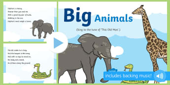 Big Animals Song PowerPoint - singing, song time, elephant, snake, giraffe, jungle, size, small, measurement, shape, space and mea