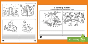 A Sense of Autumn Simple Sentence Writing Activity Sheet - exploring my world, seasons, Aistear, school trip, forest, blackberries, squirrels, leaves, bark, li