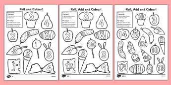 Roll and Colour Addition Activity to Support Teaching on The Very Hungry Caterpillar - the very hungry caterpillar, roll, colour, addition
