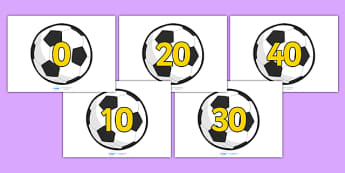 10-100 on Footballs (in tens) - Foundation Numeracy, Number recognition, Number flashcards, counting, football, soccer, footballs, sport, world cup