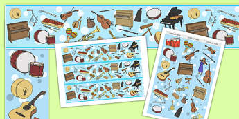 Music Display Borders - Music, display border, classroom border, border, instrument, playing instruments, piano, drums, guitar, recorder, violin, triangle, cymbals, notes, music
