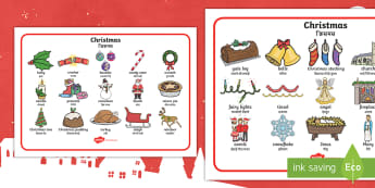 Christmas Word Mat English/Hindi - writing aid, tree, advent, nativity, santa, father christmas, Jesus, tree, stocking, present, cracke