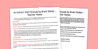 Dracula Extract Teachers Notes - dracula, extract, story, ks3, bram stoker, vampire, notes, teacher