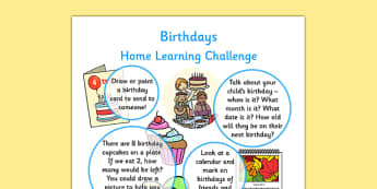 EYFS Birthdays Home Learning Challenge Sheet Reception FS2 - EYFS planning, early years planning, homework, celebrations