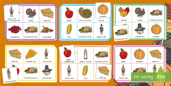 Thanksgiving Bingo Matching Game - thanksgiving day, matching bingo, thanksgiving vocabulary, pumpkin, thanksgiving game