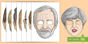 Political Party Role Play Masks - general election, Theresa May, Tim Farron, Jeremy Corben, Paul Nuttall, Caroline Lucas,, Jonathon Ba