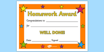 Editable Homework Award Certificate - Award, homework, reward, rewards, school reward, medal, good behaviour, award, good listener, good writing, good reading