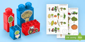 Harvest-Themed Matching Connecting Bricks Game - EYFS, Early Years, KS1, Duplo, Lego, Plastic Bricks, Building Bricks, Autumn, Seasons, vegetables, f