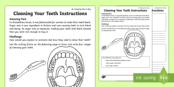 Clean Your Teeth Instructions Activity Sheet - amazing fact a Day august, hygiene, keeping healthy, KS1, science, worksheet