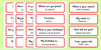 Basic Phrases Word Cards Portuguese Translation - portuguese, basic phrases, word cards, word, cards, basic, phrase