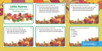 Little Acorns Addition and Subtraction Differentiated Maths Challenge Cards - Add, Subtract, total, find, solve