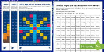 Bonfire Night Phase 6 Phonics Mosaic Activity Sheets - Guy Fawkes, Bonfire, Fireworks, Sparklers, Decode, worksheets