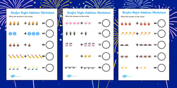 Bonfire Night Fireworks Addition Sheet - bonfire night, fireworks, addition sheet, addition, adding, numeracy, maths, plus, counting, counting and addition