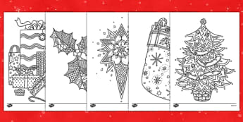 Christmas Themed Mindfulness Colouring Sheets - colouring, pd, fine motor skills, well being, stress, relax, unwind, early years, ks1, ks2, art, home learning, display, christmas, festive, holidays, present