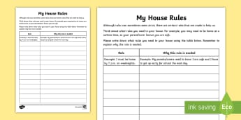 What House Rules Do You Need? Activity Sheet - relationships, boundaries, behaviour, families, emotions