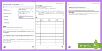 Effects of Alcohol on the Liver Investigation Instructions Sheet Print-Out - Investigation Help Sheet, science practical, method, instructions, liver, alcohol, effect of alcohol