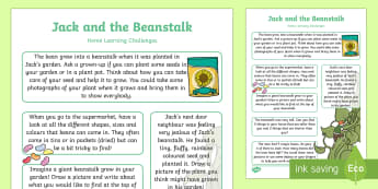 Jack And The Beanstalk EYFS Home Learning Challenge Sheet Reception FS2 - EYFS, homework, Early years, traditional tales