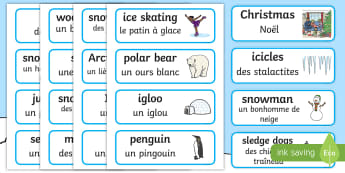 Winter Word Cards English/French - Winter, winter words, Word card, flashcard, snowflake, snow, winter, frost, cold, ice, hat, gloves, 