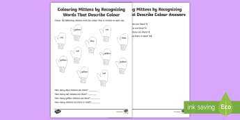Mitten Colouring Activity - Winter Resources, mittens, colours, colouring, art, language, math, number sense and numeration.