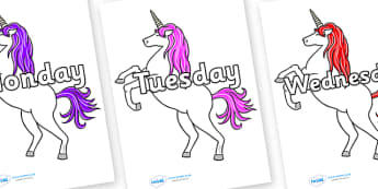 Days of the Week on Unicorn - Days of the Week, Weeks poster, week, display, poster, frieze, Days, Day, Monday, Tuesday, Wednesday, Thursday, Friday, Saturday, Sunday