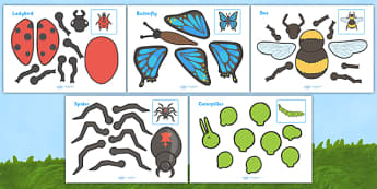 Minibeasts Split Pin Characters - split pin, pin, minibeasts, minibeast,  knowledge and understanding of the world, investigation, living things, snail, bee, caterpillar, ladybird, butterfly, making a split pin, moving, puppet, activity, creativity