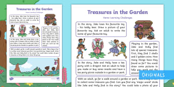 Treasures in the Garden Home Learning Challenges Nursery FS1 - EYFS, Early Years, Homework, Home Learning, Twinkl Fiction, Twinkl Originals, Story, Treasures In Th